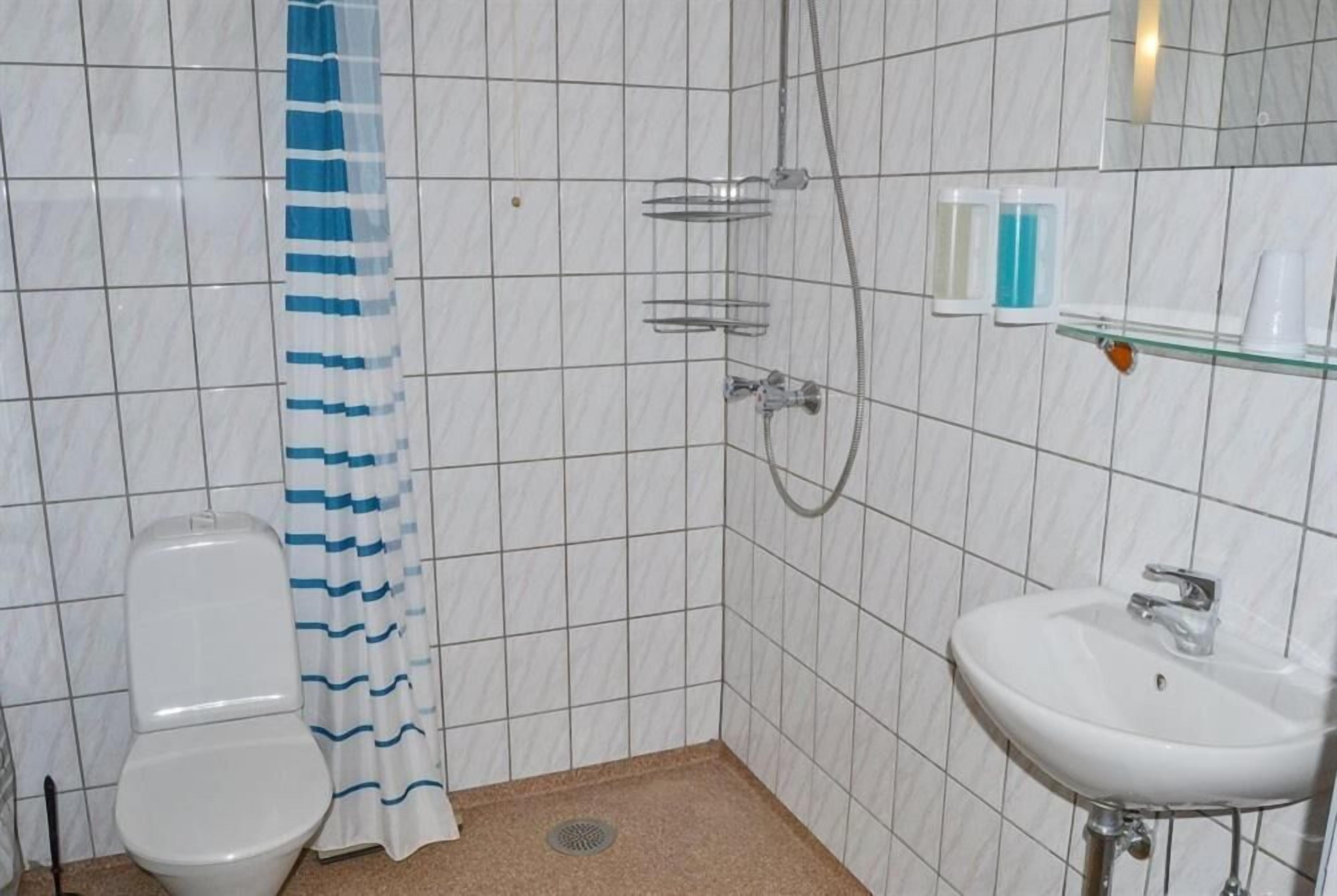 Ett badrum med toalett, dusch och handfat.