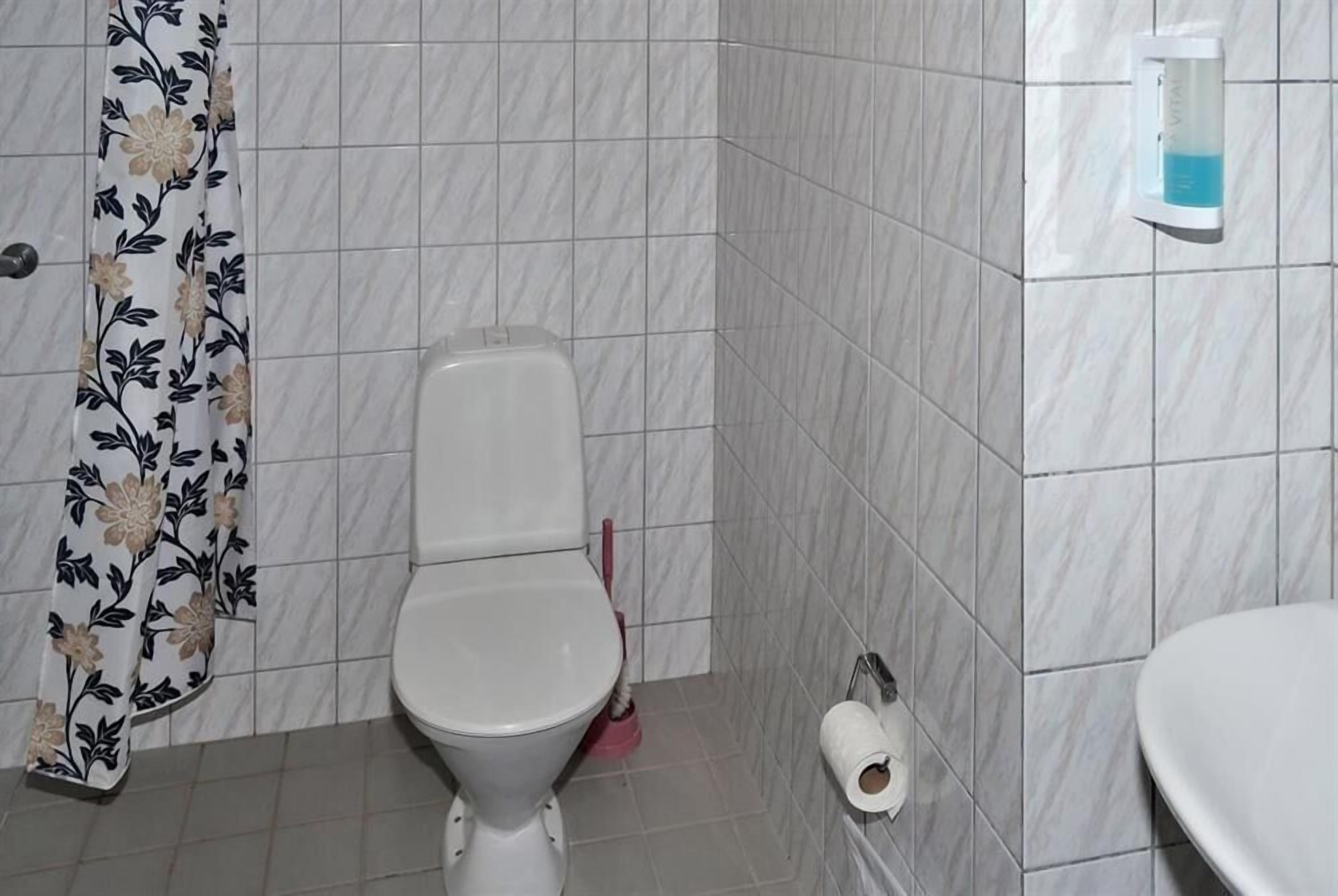 Kylpyhuone, jossa on wc, suihkuverho, wc-harja ja nestesaippuapumppu.