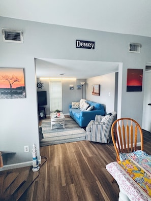 TV, DVD player, books, stereo