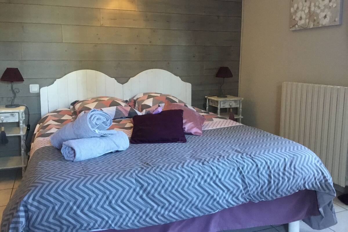 Un lit bien fait, avec une literie à motifs, deux tables de chevet avec des lampes et un radiateur au mur.