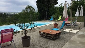 Seasonal outdoor pool, pool umbrellas, pool loungers