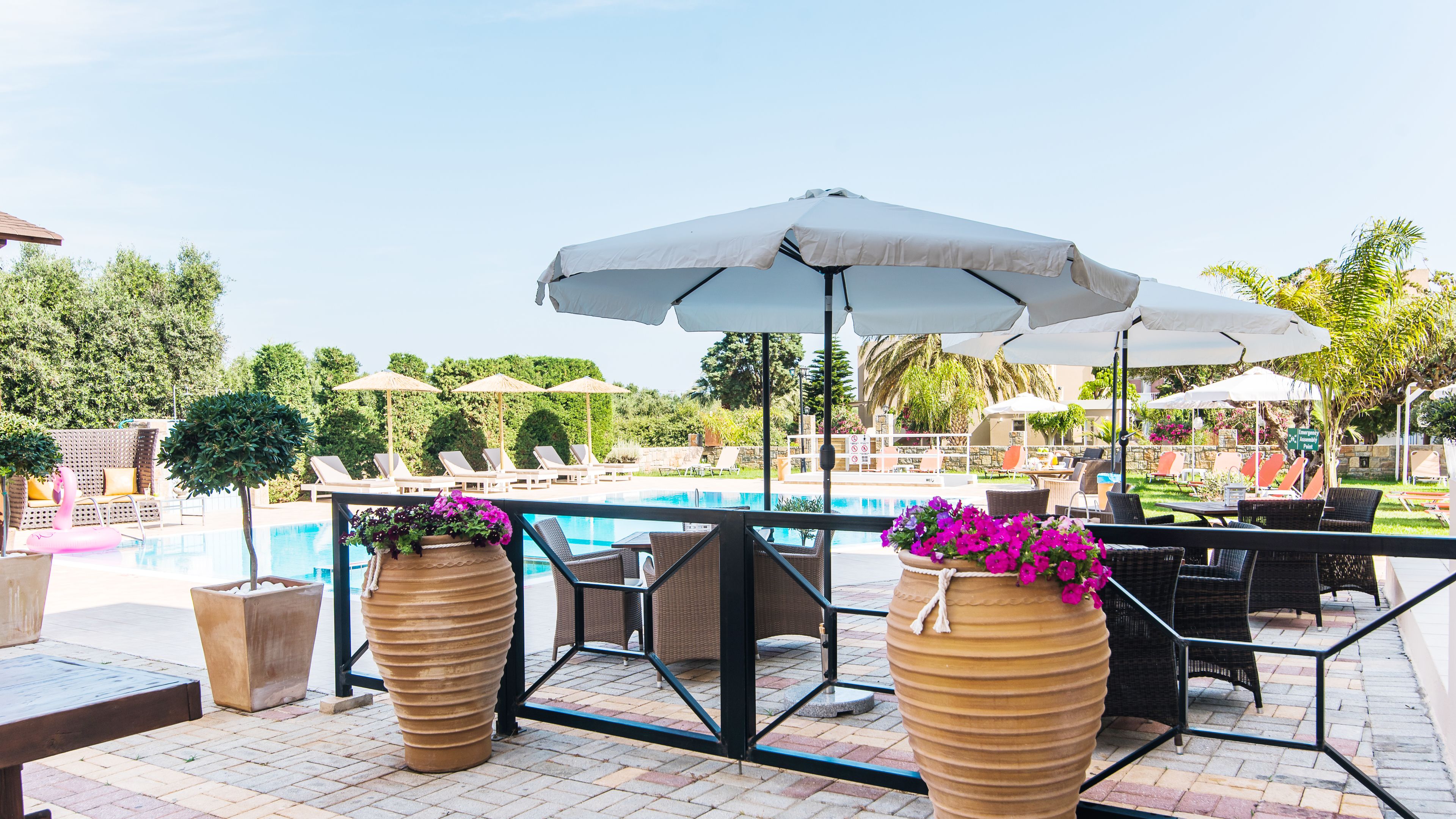 A poolside area with lounge chairs, umbrellas, and potted plants.