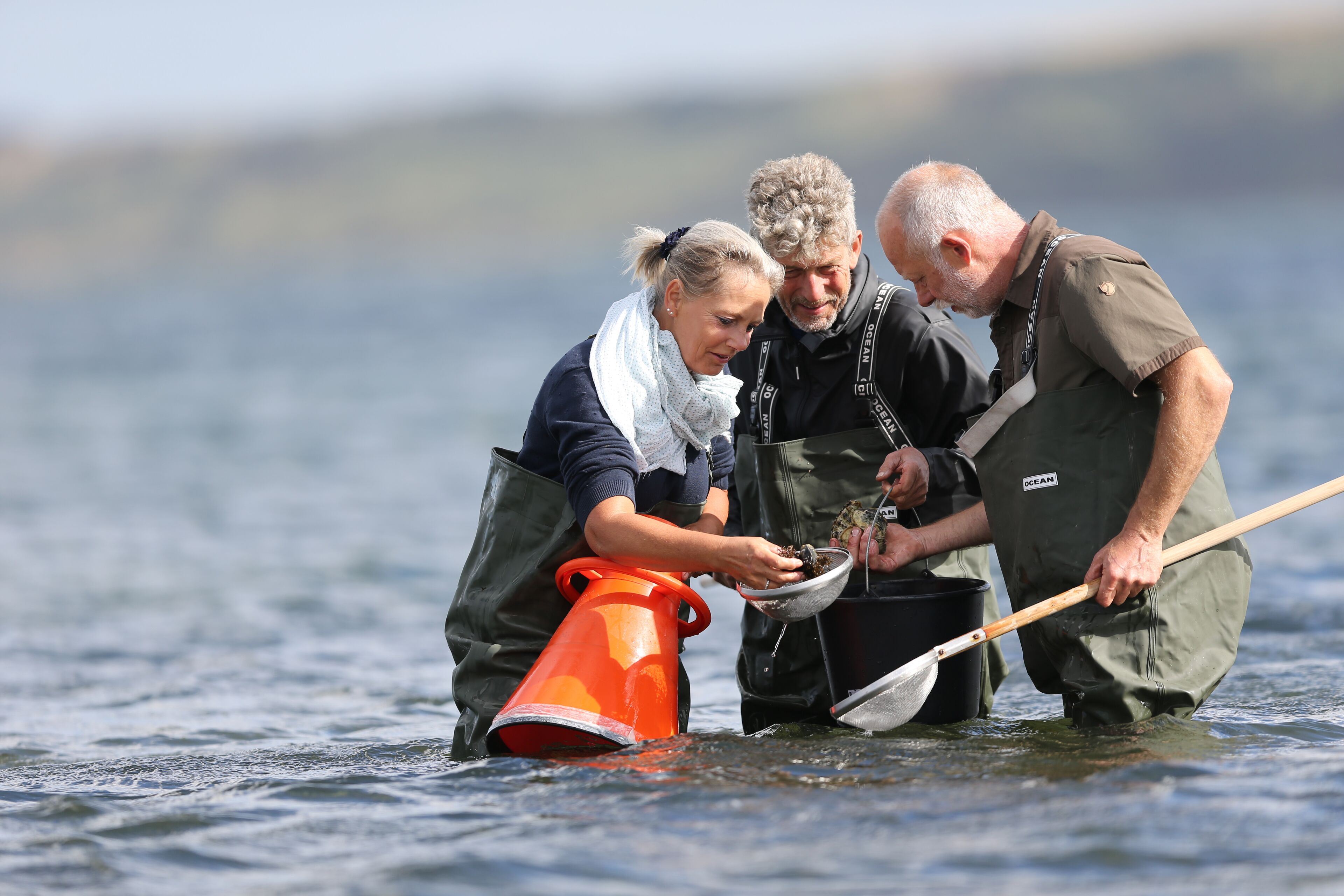 Three individuals in a boat, engaged in an activity involving a bucket and a net.