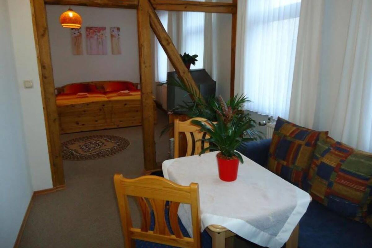 Un salon chaleureux avec un canapé à ossature en bois, une petite table sur laquelle est posée une plante en pot et un téléviseur sur un meuble en bois.