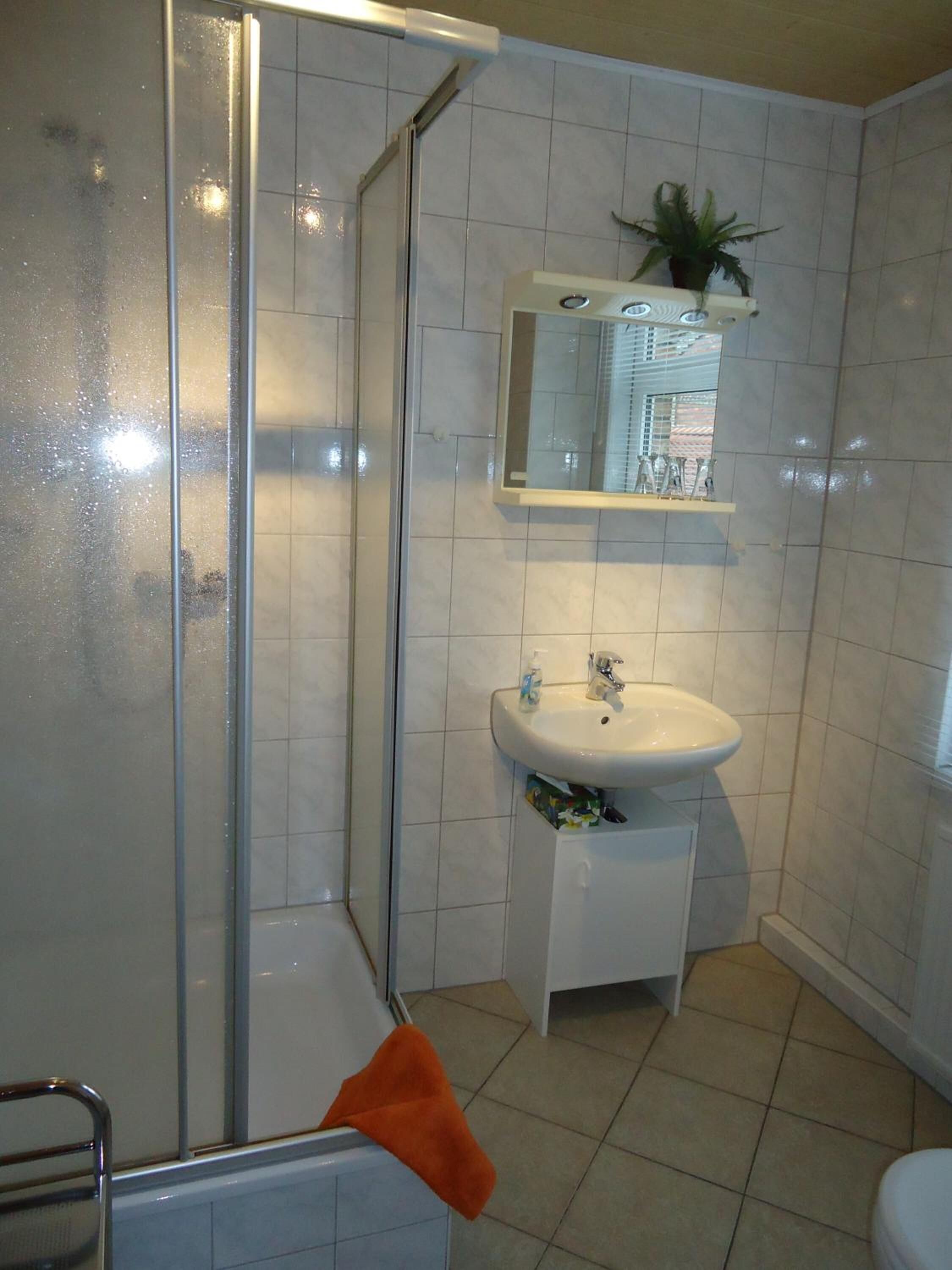 A bathroom with a glass-enclosed shower, a sink with a mirror above it, and a toilet.