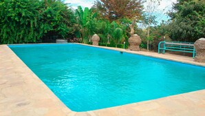 Una piscina rectangular con agua azul cristalina, rodeada de baldosas de piedra y abundante vegetación.