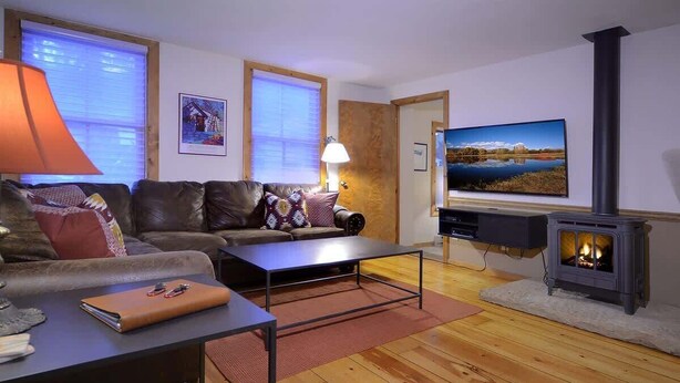 A living room with a sofa, coffee table, fireplace, television, and framed pictures on the wall. - Maroon Bells (Crested Butte)
