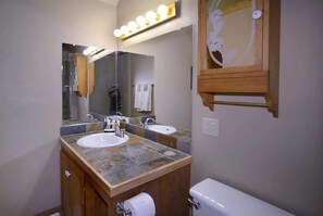 Combined shower/bathtub, hair dryer, shampoo