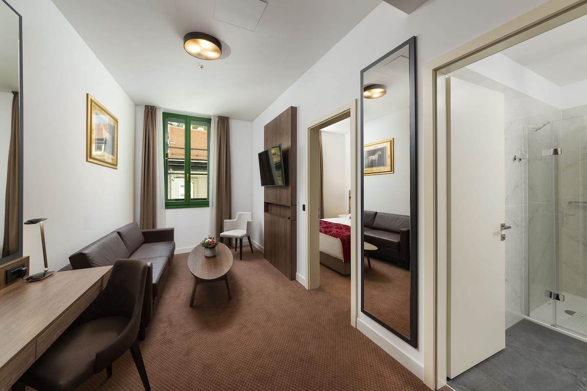 Ein modernes Hotelzimmer mit einer Couch, einem Schreibtisch, einem kleinen Tisch, einem Fernseher, einer Dusche und einem großen Spiegel.