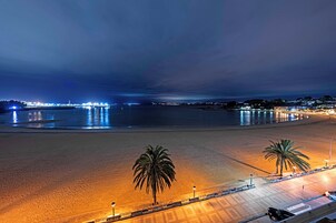 Una playa con palmeras y un sendero pavimentado.