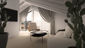 Een moderne woonkamer met een hoge plafond, een comfortabele fauteuil, een ronde salontafel en een groot raam met gordijnen.