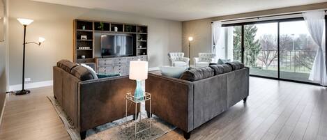 Smart TV, fireplace, video library