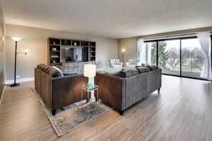 Smart TV, fireplace, video library