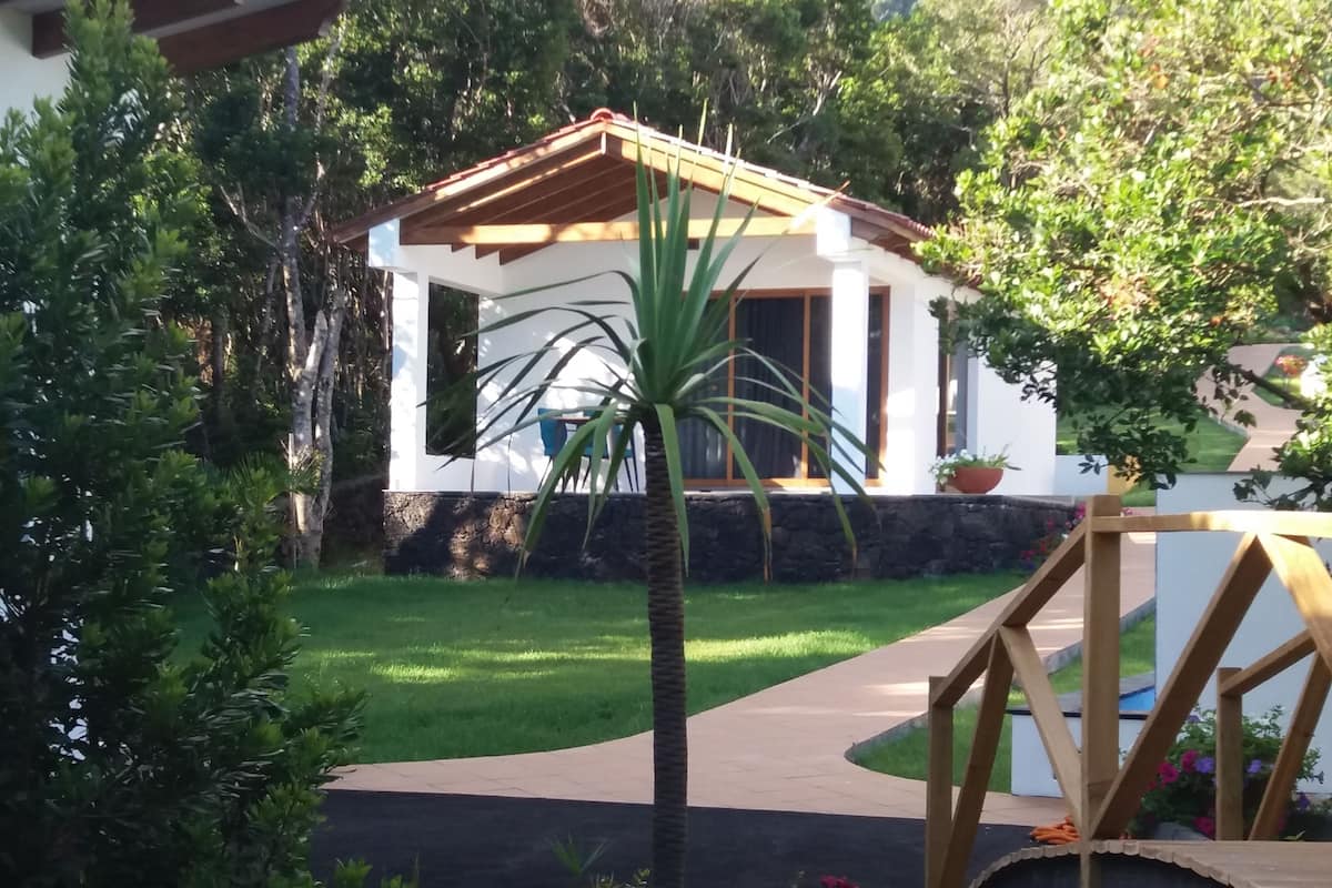 A white house with a brown roof, surrounded by lush greenery and a paved driveway.
