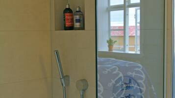 Shower, free toiletries, hair dryer, towels