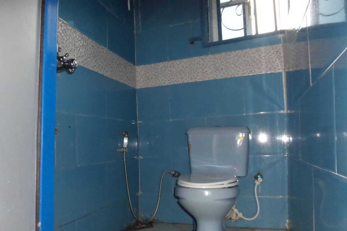 Een badkamer met toilet, douche en raam.
