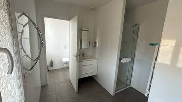 A modern bathroom with a toilet, sink, and shower area.