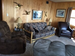 Fernseher, Kamin, DVD-Player, Musikbibliothek