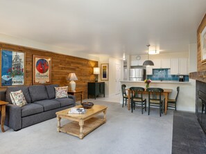 Flat-screen TV, fireplace, books