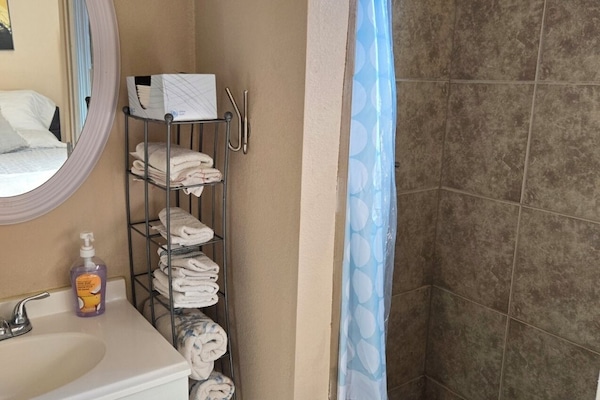 Shower, hair dryer, towels, soap