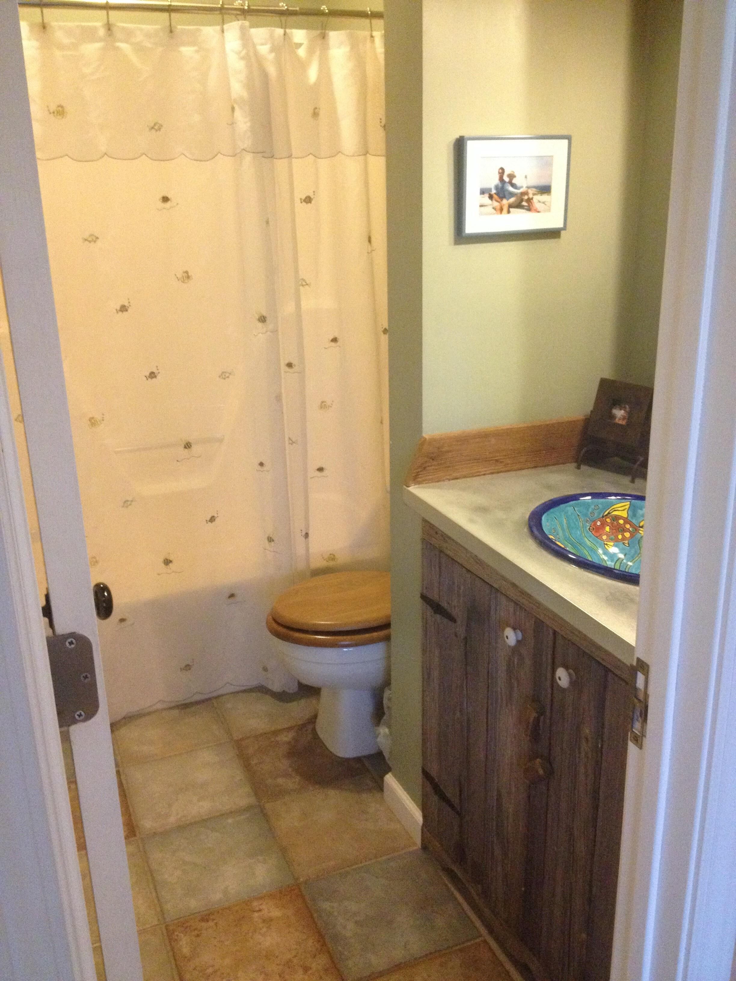 Un bagno con il water, una tenda da doccia e un quadro appeso al muro.