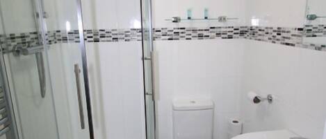 A modern bathroom with a glass-enclosed shower, a toilet, and a sink.