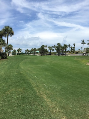 Een goed onderhouden golfbaan met heldere lucht, palmbomen en enkele geparkeerde auto's.