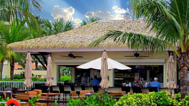 Restaurante al aire libre con techo de paja, palmeras y mesas afuera.