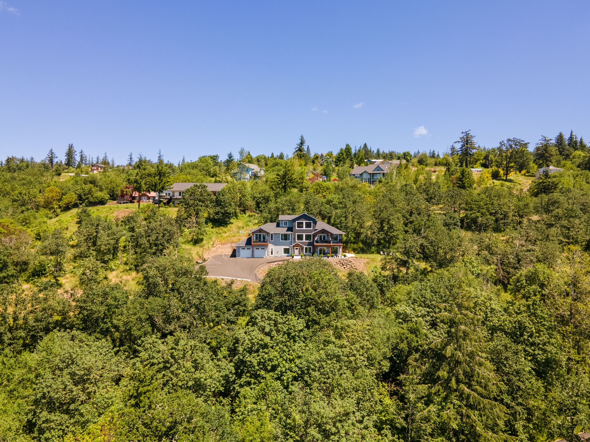 A large, modern house with a spacious driveway and multiple garages, surrounded by dense forest and other residential buildings on a hillside.