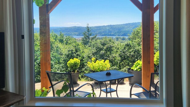 A patio with a table and chairs, a pergola with climbing plants, and a scenic view of a lake and forest.