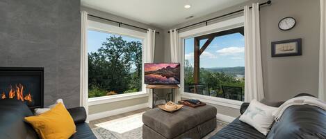 Smart TV, fireplace, DVD player, video library