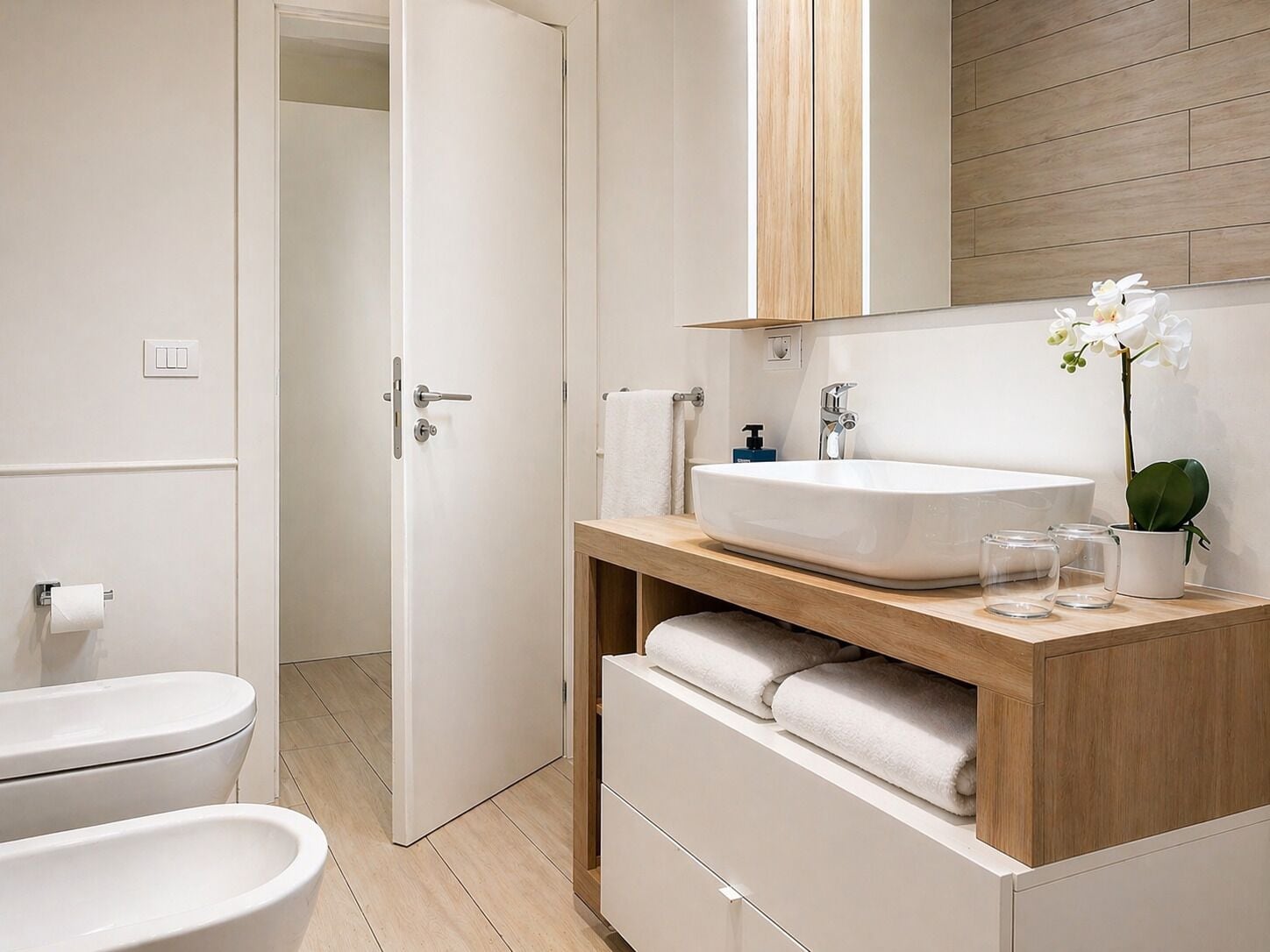 Un baño moderno con lavamanos blanco, espejo y tocador de madera.