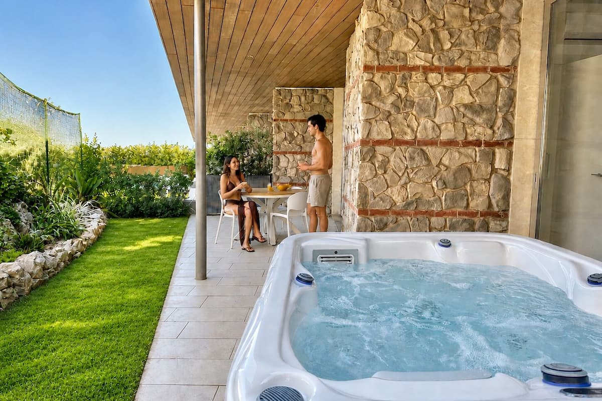 Un jacuzzi, un muro de piedra y un patio con una mesa y sillas.