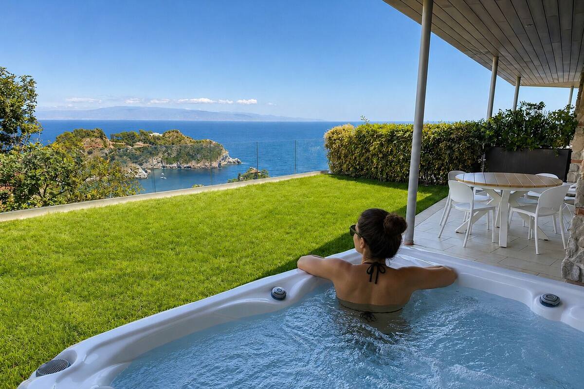 Una persona en un jacuzzi con vista al mar y a un área verde.