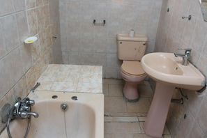 Combined shower/bathtub, deep-soaking bathtub, free toiletries, towels