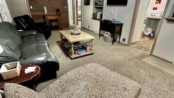 Smart TV, fireplace, DVD player, books