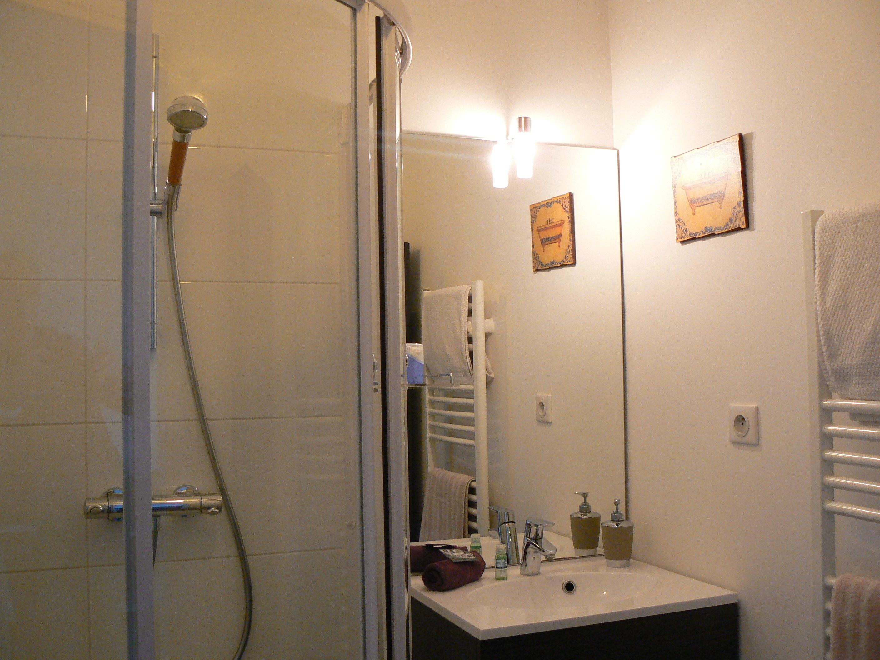 A bathroom with a shower, a sink with toiletries, and a towel rack.
