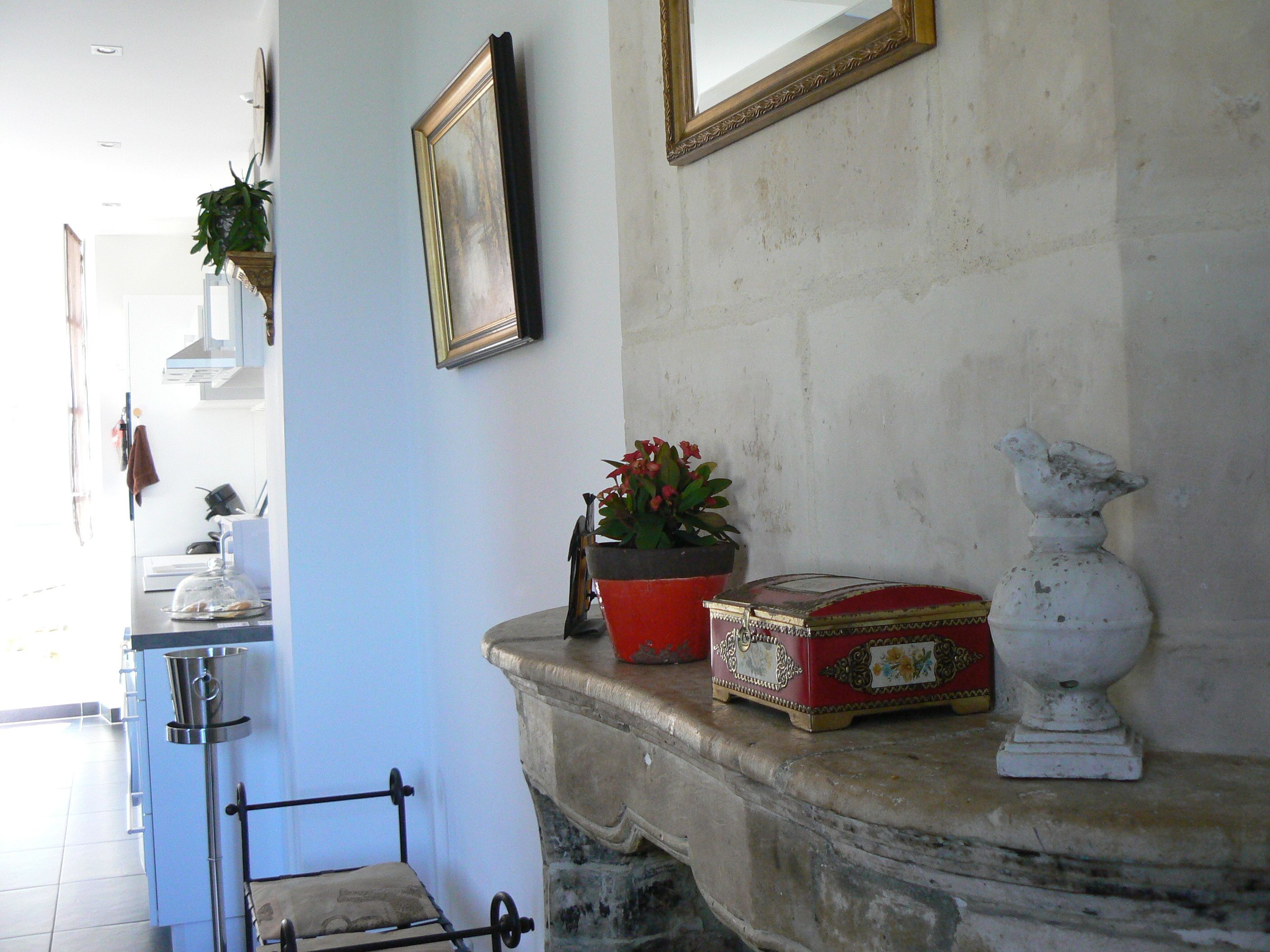 A room with a stone fireplace, a small table with a red box and a white bird sculpture, a potted plant, and a framed picture on the wall.