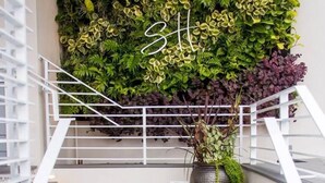 A staircase with a white railing, a wall with a variety of green plants, and a large decorative vase with a plant. - Siesta Key Condo with Pool a Block from Bars and Restaurants, Pet Friendly (Sarasota)