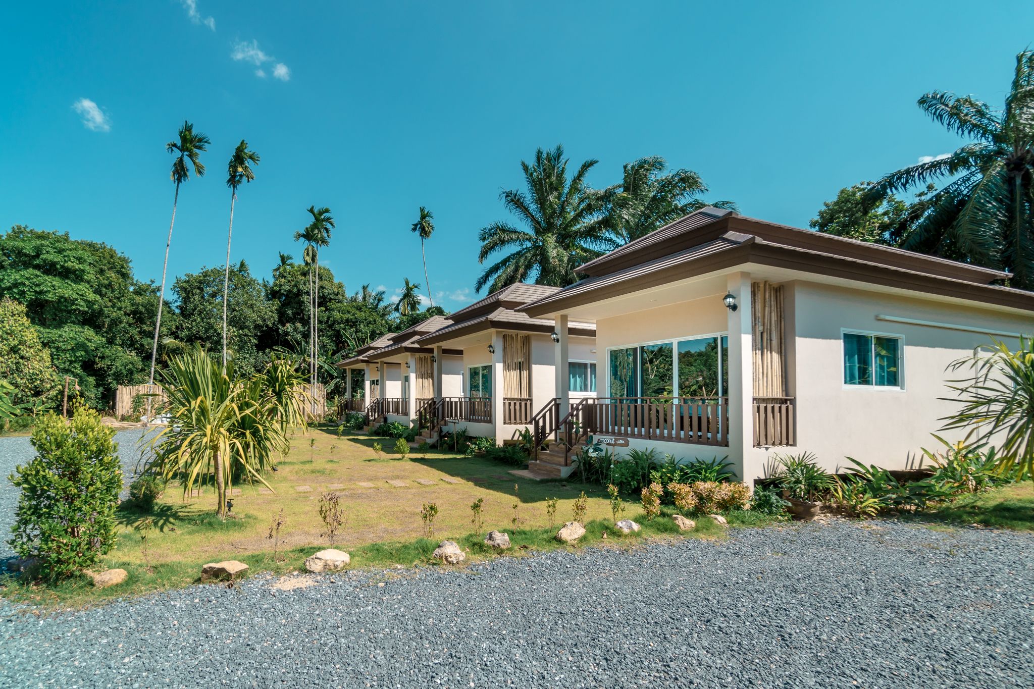 A row of single-story houses with a gravel driveway, surrounded by lush greenery and palm trees.