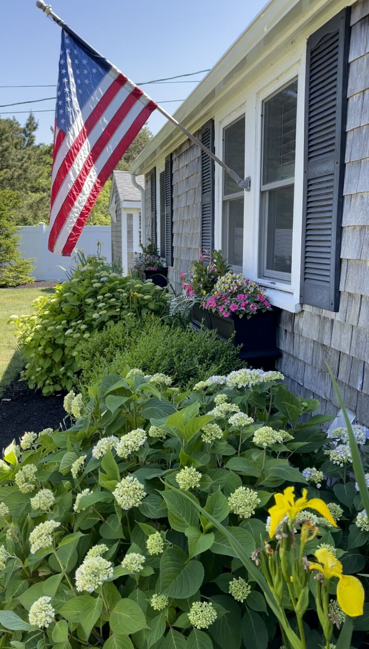 A house with a front porch, a flag, and a garden with various plants and flowers.