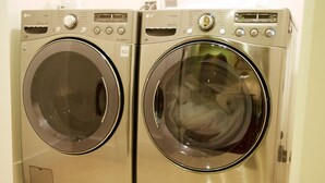 A pair of stainless steel front-loading washers with digital displays, control panels, and a sensor dry feature. - Perfect Kitsilano Location - 1 Bed. -1.5  Bath. (for 3 Bed. option see #430414) (Vancouver)