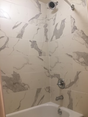 Hair dryer, towels, soap, shampoo