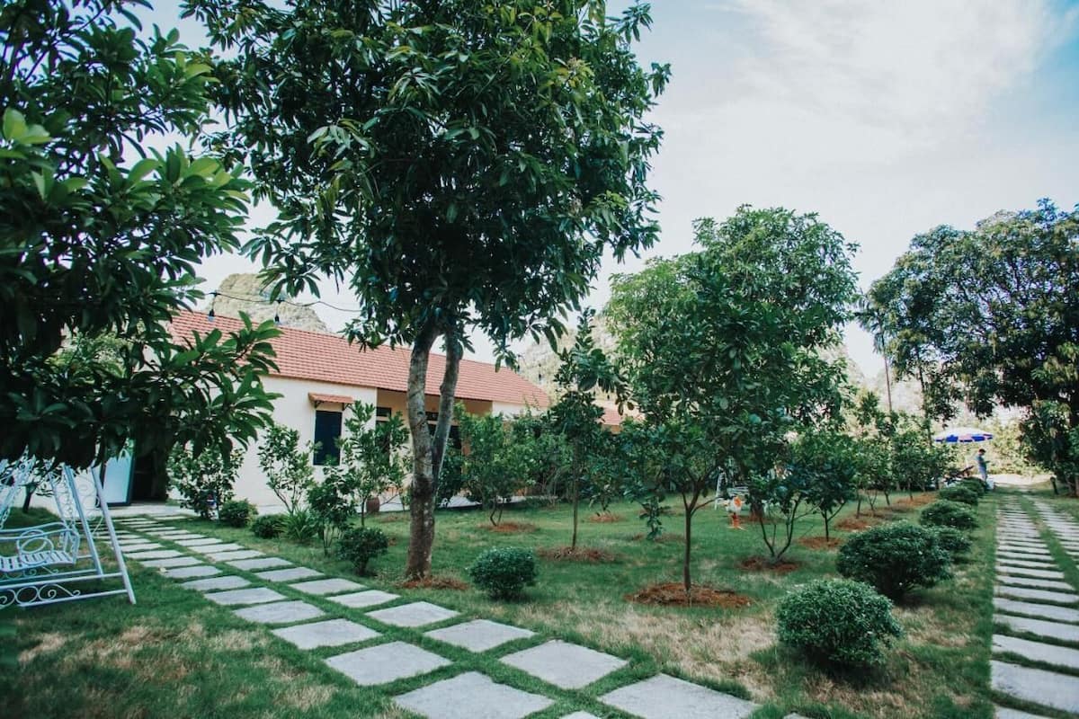 A courtyard with a paved walkway, trees, and a building with a red roof.