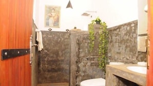 Une salle de bain au design rustique, avec un mur en béton, une porte en bois, des toilettes blanches et une petite plante.