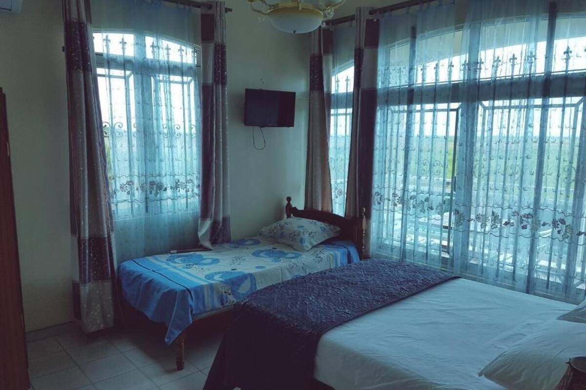 A room with two beds, a television, and large windows with curtains.