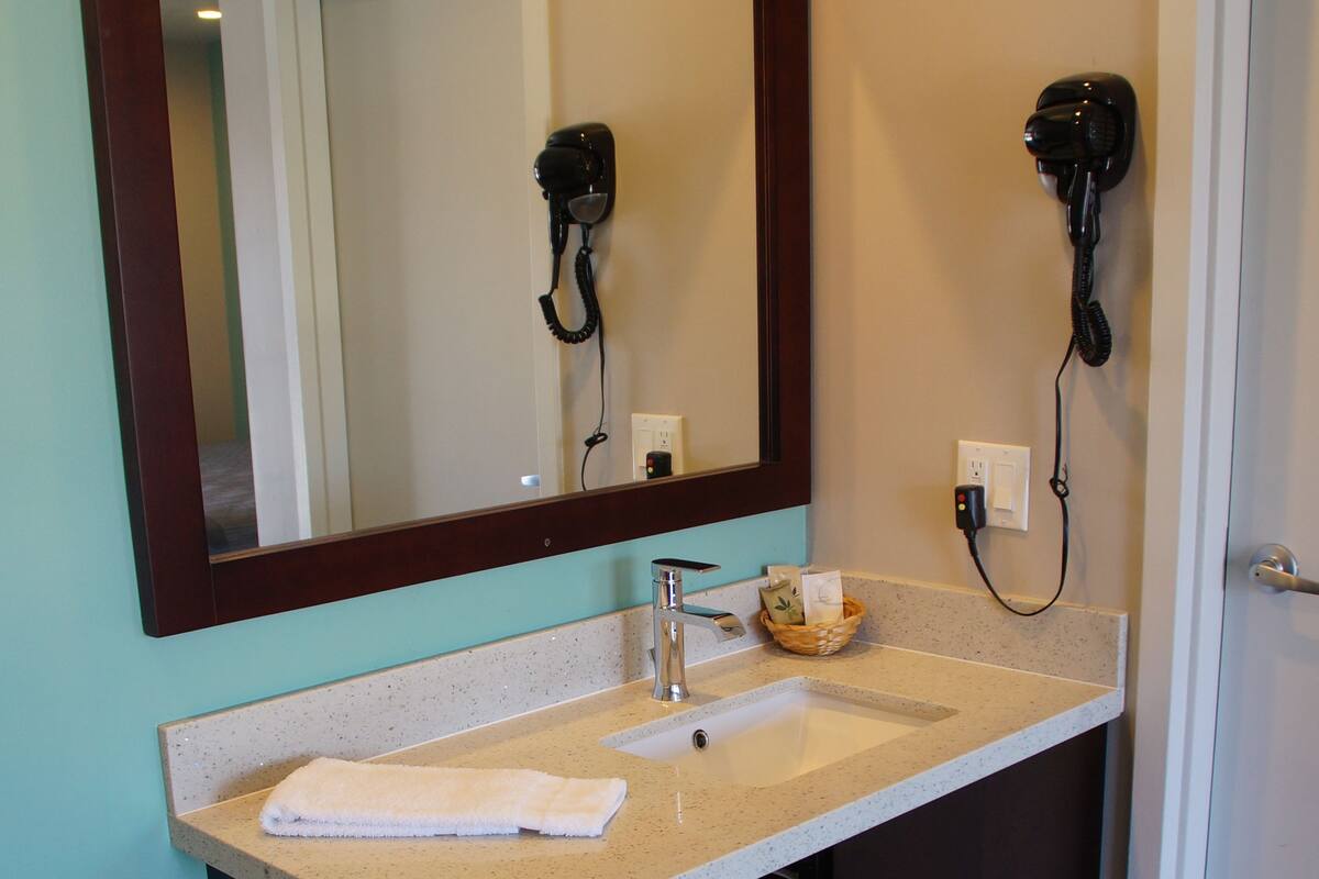 deluxe room, 1 king bed, non smoking | bathroom | free toiletries, hair dryer, towels