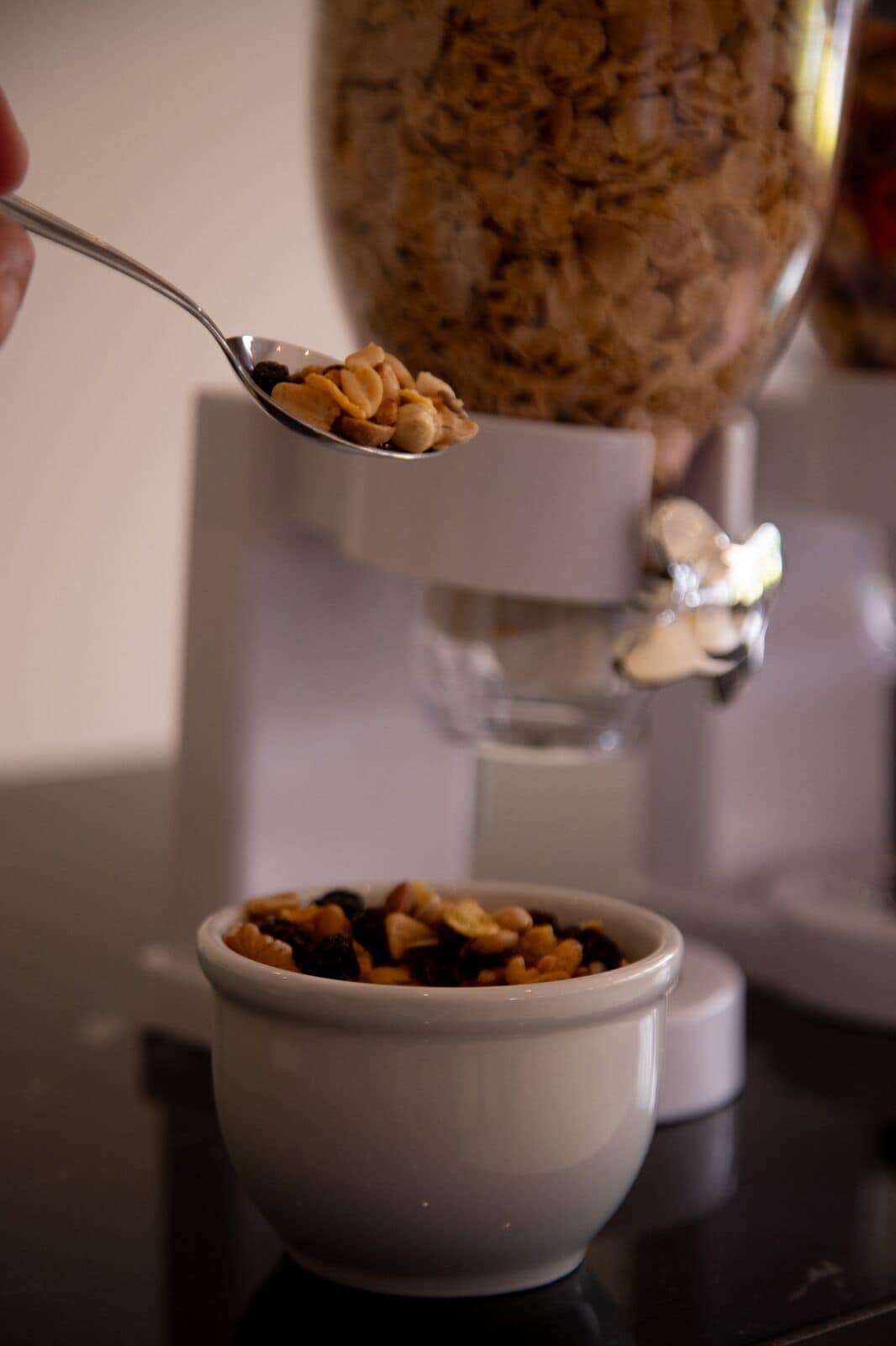 En skål med granola og en ske der øser.