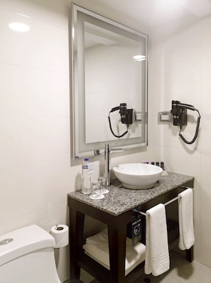 Shower, rainfall showerhead, eco-friendly toiletries, hair dryer