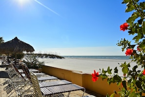 A beachside patio with lounge chairs and a thatched umbrella, overlooking the ocean.